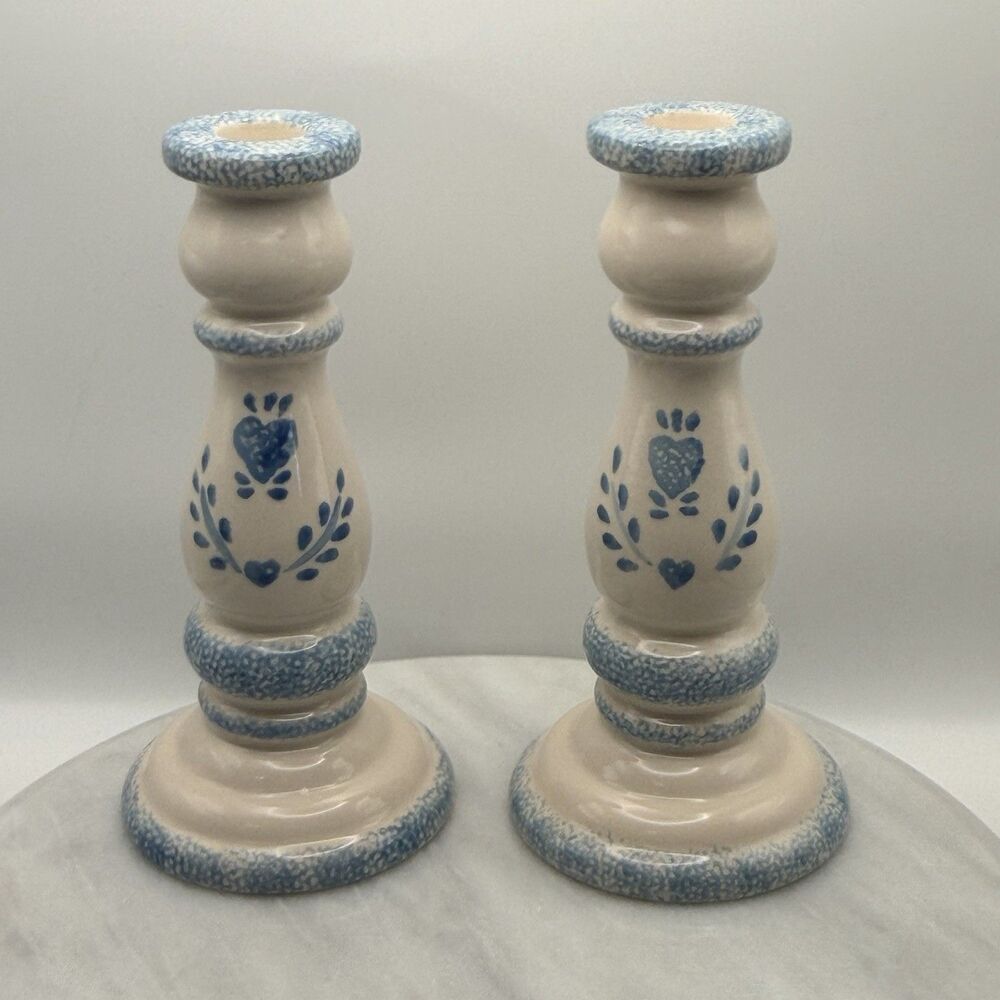 Vintage Blue Heart Spongeware Ceramic Candlestick Holders Pair Country 7.5"